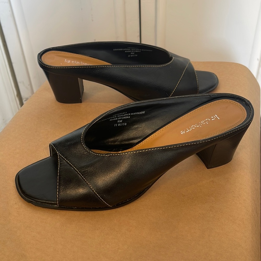 “Liz Claiborne”, black leather mule heels, size 9, barely worn. Chic!
